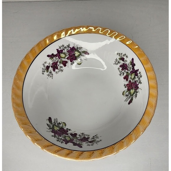 Vintage Yamatsu Japan Gold Lusterware 7" Rice/Soup Bowl Purple Violet Flowers - Picture 1 of 5